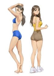 1girl 1girls 2020s 2024 armpits arms_on_head back_view barefoot big_ass big_butt brown_bottomwear brown_hair dudettes duo duo_female feet female female_only gym_shorts happy kneepits long_hair long_hair_female looking_at_viewer looking_back looking_back_at_viewer manga moderate_tomboys no_socks one_knee_forward ponytail rear_view shiny_hair shiny_skin shorts side_view smile sneakers sports_shorts standing tank_top tbocart teenage_girls teenagers thick_thighs tight_shorts tomboys two_tone_clothing two_tone_clothing_(blueandwhite) underwear white_footwear yellow_topwear