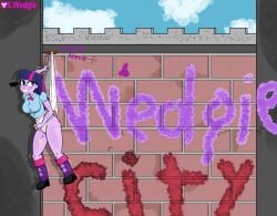 angry_face blue_eyes cutie_mark equestria_girls exclusive frustrated graffiti hanging_wedgie mswedgie123 multicolored_hair my_little_pony no_dialogue no_pants no_sex no_skirt purple_skin twilight_sparkle_(eg) twitter wall wall_(structure) wedgie wedgied_female