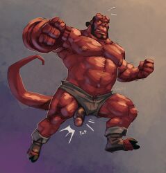 barazoku beard biceps big_penis broken_horn captaingerbear clothed clothing demon facial_hair flaccid genitals hellboy hellboy_(series) hi_res hooves horn humanoid male male_only nipples pecs penis penis_through_leghole poking_out red_body solo surprise topless wardrobe_malfunction