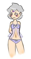 blush bra embarrassed embarrassed_female female gray_hair grey_hair haki_morte_(nekuzx) looking_away nekuzx panties underwear white_background