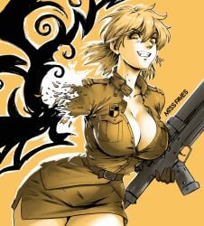 amputated_arm amputee artist_name belt big_breasts blonde_hair breasts evil_smile fangs feet_out_of_frame female hellsing hellsing_ultimate holding holding_weapon large_breasts looking_at_viewer missfaves seras_victoria skirt smile spiked_hair teeth thick_thighs transformation weapon yellow_background yellow_eyes yellow_theme