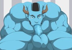 1boy autofellatio bara big_balls big_penis blue_body blue_eyes blue_skin demon horns huge_balls kartos looking_at_viewer male male_only muscular muscular_male nero_(kartos) selfie selfsuck solo solo_male veiny_penis