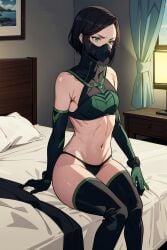 2024 ai_generated bare_shoulders bed black_hair black_thighhighs breasts curtains elbow_gloves female gloves green_eyes high_resolution highres indoors mask mouth_mask navel on_bed original panties phalzu self_upload short_hair sitting solo thighhighs underwear viper_(valorant) window