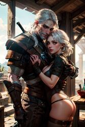 3d ai_generated ass breasts ciri clothing female geralt_of_rivia green_eyes hug light-skinned_female male sarella the_witcher_(series) the_witcher_3:_wild_hunt white_hair