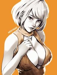 1girls 2d artist_name ashley_graham ashley_graham_(ella_freya) blonde_hair breasts cleavage cleavage_cutout clothing_cutout commentary english_commentary female hand_on_own_chest hi_res highres human jewelry large_breasts light-skinned_female light_skin lips looking_at_viewer missfaves necklace orange_background orange_sweater orange_theme resident_evil resident_evil_4 resident_evil_4_remake short_hair sleeveless sleeveless_sweater sleeveless_turtleneck solo straight_hair sweater turtleneck turtleneck_sweater upper_body