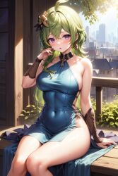 1girls ai_generated big_breasts big_thighs breasts camellia_aj_art cleavage collei_(genshin_impact) dress female genshin_impact green_hair huge_thighs large_thighs purple_eyes thick_thighs thighs voluptuous