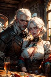 3d ai_generated breasts ciri clothing female geralt_of_rivia green_eyes inside light-skinned_female male sarella the_witcher_(series) the_witcher_3:_wild_hunt white_hair