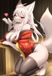 anthro big_ass big_breasts big_thighs blush breasts canid canine claws clothed clothed_female clothes clothing cute faroula_twitt female female_anthro female_focus female_only fingers fox fox_ears fox_girl fox_tail fur hair heart kemono kissing looking_at_viewer mammal neck_tuft paws red_eyes solo stockings tail thick thick_ass thick_legs thick_thighs thighs white_body white_fur white_hair white_nails