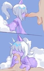 anthro ass blowjob breasts cum cum_in_mouth cute dazzi_(pal) hidden_eyes holding_penis male pal_(species) palworld penis ponytail purple_body raijin_daughter saliva saliva_drip small_breasts smaller_female squishheed sucking_penis tagme white_hair