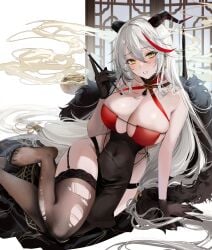 absurdres aegir_(azur_lane) aegir_(golden_dragon_among_auspicious_clouds)_(azur_lane) arm_support azur_lane bare_arms bare_shoulders black_dress black_garter_straps black_gloves black_thighhighs blush breasts calligraphy_brush china_dress chinese_clothes cleavage commentary_request covered_navel criss-cross_halter dragon_horns dress earrings feet female foot_out_of_frame frown garter_straps gloves hair_between_eyes halterneck hand_up highres holding holding_calligraphy_brush holding_paintbrush horn_ornament horns incense jewelry kandzume_(kandume200) large_breasts leaning_to_the_side legs long_hair multicolored_hair no_shoes official_alternate_costume paintbrush panty_straps parted_lips pelvic_curtain red_dress red_hair sitting sleeveless sleeveless_dress slit_pupils smile smoke solo streaked_hair sweat tassel thighhighs thighs toes torn_clothes two-tone_dress variant_set white_background white_hair yellow_eyes yokozuwari