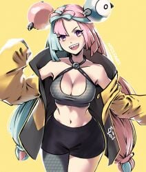 :d black_shorts blue_hair bow-shaped_hair breasts character_hair_ornament cleavage commentary creatures_(company) criss-cross_halter cropped_shirt english_commentary female game_freak grey_pantyhose grey_shirt hair_ornament halterneck hexagon_print highres iono_(pokemon) jacket long_hair low-tied_long_hair low_twintails medium_breasts midriff missfaves multicolored_hair navel nintendo open_clothes open_jacket open_mouth oversized_clothes pantyhose pink_eyes pink_hair pokemon pokemon_sv sharp_teeth shirt short_shorts shorts single_leg_pantyhose sleeveless sleeveless_shirt sleeves_past_fingers sleeves_past_wrists smile solo teeth twintails two-tone_hair very_long_hair yellow_background yellow_jacket