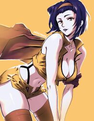 1girls 2024 2d adult adult_female armpit_crease artist_name big_breasts black_lips breasts cape cleavage clothed clothed_female clothing cowboy_bebop faye_valentine female female_only green_eyes hairband hi_res highres human human_female human_only large_breasts leaning_forward light-skinned_female light_skin looking_at_viewer medium_hair midriff missfaves navel no_sex pale-skinned_female pale_skin plunging_neckline purple_hair purple_lips realistic_breast_size realistic_proportions shirt short_hair shorts simple_background skimpy sleeveless sleeveless_shirt slender slender_body solo solo_female straight_hair thighhighs yellow_background yellow_hairband yellow_shirt yellow_shorts