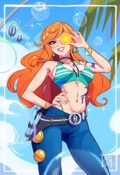 1girls bare_arms bare_shoulders big_breasts bikini blush bra clothed clothing color eye_covered female female_focus female_only hi_res jeans large_breasts light-skinned_female light_skin long_hair looking_at_viewer nami nami_(one_piece) one_piece orange_eyes orange_hair pimozzarella post-timeskip shounen_jump solo solo_female striped_bikini tagme tattoo thick_thighs