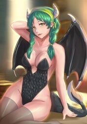 1girls alternate_costume arm_behind_head bandana bare_arms bare_thighs braid breasts cleavage demon_girl female female_only fire_emblem fire_emblem:_the_blazing_blade green_eyes green_hair green_nails leotard long_hair looking_at_viewer medium_breasts nail_polish nintendo pose rebecca_(fire_emblem) revealing_clothes rinku_bny sideboob sitting smile solo succubus tail thighhighs thighs twin_braids