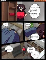 2girls bed black_hair brown_hair clothed comic comic_panel eleanor_(lueduartv) english_text female_only glasses lueduar lueduartv lulú_(lueduar) medium_hair page_1 pants short_sleeves sisters tagme