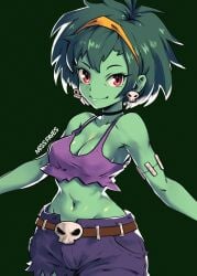 armpits artist_name bare_arms bare_shoulders belt black_choker breasts brown_belt choker cleavage closed_mouth collarbone colored_skin commentary cowboy_shot earrings english_commentary english_text eyelashes female green_background green_hair green_skin groin hairband highres jewelry looking_to_the_side medium_breasts missfaves monster_girl navel outstretched_arms purple_tank_top red_eyes rottytops shantae short_hair shorts signature simple_background skull skull_belt skull_earrings smile solo standing stitched_arm stitches tank_top torn_clothes torn_shorts undead yellow_hairband zombie