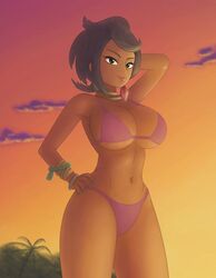 1girls belly big_ass big_breasts bikini bracelet brown_eyes brown_hair cleavage clouds dark-skinned_female dark_skin earrings exhibitionism eyelashes female female_only hand_on_hip hand_on_hips huge_breasts human large_breasts lipstick looking_at_viewer midriff nail_polish navel neck_rings nintendo olivia_(pokemon) outdoors palm_tree pink_bikini pokemon pokemon_sm purple_bikini saf-404 safartwoks safartworks short_hair sideboob smile solo standing sunset thick_thighs underboob wide_hips