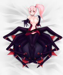 1girls adeline_de_la_toile arachne drider female female_only looking_at_viewer monster_girl monster_girl_island pink_hair rebyo solo spider tagme undressing