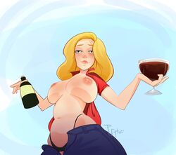 1girls beth_smith black_panties blonde_hair blush breasts drunk large_breasts looking_at_viewer milf navel nipples no_bra open_shirt psyto puffy_nipples rick_and_morty wine wine_bottle wine_glass