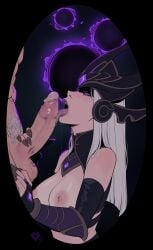 1boy 1girls big_breasts big_penis blowjob fellatio holding_penis kiss_mark league_of_legends licking lipstick lipstick_mark lipstick_on_penis long_hair looking_at_another looking_up manapotion_art messy open_mouth partially_clothed purple_lipstick saliva_string syndra tongue_out white_hair zed