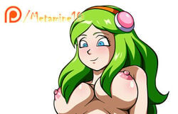 blue_eyes blush breasts brianne_de_chateau closed_mouth dragon_ball dragon_ball_super erect_nipples female green_hair long_hair metamine10 nipples nude smile solo