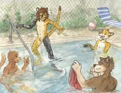 balls blush brown_hair canine cheetah clothing embarrassed feline fox fur hair laugh male_only mammal navel nipples nude penis pool_(disambiguation) prosthetic public shorts sicklyhypnos small_penis water wet wet_fur