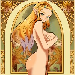 1girls art_nouveau ass bad_censor blonde_hair breasts breath_of_the_wild censored covered_nipples covering female_only nintendo nude peach-butt princess_zelda side_view solo the_legend_of_zelda zelda_(breath_of_the_wild)