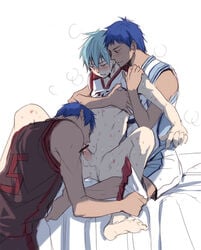 3boys after_sex aomine_daiki bar_censor barefoot basketball_uniform being_undressed blowjob blue_hair blush boy_rape censored cum cum_in_ass cum_leaking fellatio forced forced_yaoi grabbing_from_behind group_sex hickies kuroko_no_basuke kuroko_tetsuya legs_held_open male male_focus male_only multiple_boys on_bed oral penis rape restrained reverse_forced_oral reverse_upright_straddle sex shirt_lift sports_uniform spread_legs sweat testicles threesome twins two_on_one undressing yaoi