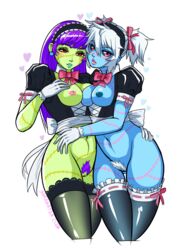 2girls arm_around_waist ass_visible_through_thighs black_legwear black_sclera blue_skin bottomless bow bowtie breasts cropped_legs detached_collar earrings eyelashes frills gloves green_skin hair_ribbon hairband heart long_hair looking_at_viewer maid monster_girl multiple_girls nipples original pink_eyes pubic_hair purple_hair pussy red_eyes ribbon ribbon-trimmed_legwear samanator_club short_twintails simple_background thigh_gap thighhighs twintails white_hair zombie