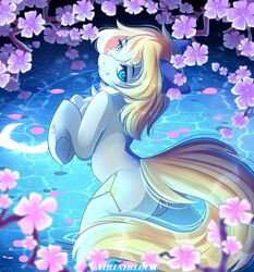 2018 absurd_res airiniblock ass blonde_hair blue_eyes chest_tuft crescent_moon cute cutie_mark earth_pony equine eyebrows eyelashes fan_character female feral floppy_ears flower fur hair half-closed_eyes hi_res hooves horse looking_at_viewer looking_back mammal moon my_little_pony night nude outside plant pond pony pussy rafale reflection skinny_dipping smile solo text tuft underhoof water watermark wet