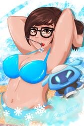 bikini blizzard_entertainment brown_eyes brown_hair eyewear female glasses hairpin mei_(overwatch) overwatch pandreem snowball_(overwatch)