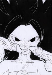 2boys black_eyes black_hair breasts caulifla closed_mouth clothed clothing cum cum_on_face dragon_ball dragon_ball_super faceless_male facial female light-skinned_female light_skin long_hair male penis ratounador saiyan small_penis smile spiked_hair spiky_hair testicles veiny_penis