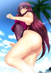 1girls alternate_color ass beach blush breasts dat_ass fate/grand_order fate_(series) female female_ass fringe_hair huge_breasts large_breasts legs long_hair looking_at_viewer one-piece_swimsuit palm_tree red_eyes scathach_(fate) sky swimsuit tagme thighs violet_hair yadokari_genpachirou