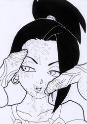 1girls 2boys black_and_white black_eyes black_hair clothed clothing cum cum_on_face dragon_ball dragon_ball_super earrings faceless_male facial female kale male monochrome multiple_boys open_mouth penis ratounador saiyan small_penis testicles tied_hair tongue veiny_penis