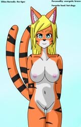 base blonde_hair breasts clothing cute exposed fan_character feline female hair mammal model multiple_tails nipples nude panties stripe stripes tiger underwear