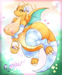 1girls 2018 3_toes antennae anthro areolae armwear basket belly big_feet bow breasts brown_eyes chubby claws clothing digital_media_(artwork) dragon dragonite eyelashes feet female female_only food fruit gloves green_background heart hi_res huge_ass huge_breasts inverted_nipples legwear leonkatlovre looking_at_viewer nintendo nipples orange_skin pink_background pokémon_(species) pokemon pokemon_(species) pokemon_rgby ribbon scalie signature solo tail text thick_thighs thighhighs toe_claws video_games watermark wide_hips wings