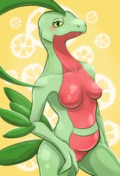 1girls 2_fingers anthro armpits belly black_eyes breasts countershading female female_only freelime green_skin grovyle leaf lemon looking_at_viewer nintendo nipples nude plant pokémon_(species) pokemon pokemon_rse pussy red_skin scalie simple_background smile solo standing video_games yellow_background yellow_sclera