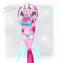 1girls arcee arcee_(tfa) artist_name blue_bra blue_panties bra curvy curvy_body curvy_female curvy_figure curvy_hips english_text female female_only lingerie looking_at_viewer mechanical medium_breasts one_eye_closed panties partially_clothed pink_body pink_lipstick pink_skin robot robot_girl solo solo_female sword swords text tits transformers transformers_animated xgemfirex