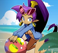 ass blue_eyes breasts clothed clothing crossman dark_skin ear_piercing edit female genie hair hi_res humanoid long_hair nipples piercing pointy_ears ponytail purple_hair shantae shantae_(character) smooth_skin