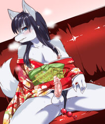 animal_genitalia animal_penis anthro balls blush canine clothing femboy fur girly hair kimono male mammal nipples open_mouth penis ruri_tsubame solo trap