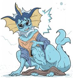 2017 6_breasts anthro blue_hair blush bottomless breasts clothed clothing crouching eeveelution female hair jamsnjellies multi_breast navel nintendo nipples open_mouth pokémon_(species) pokemon pussy scared shrinking simple_background solo surprise tears transformation vaporeon video_games white_background