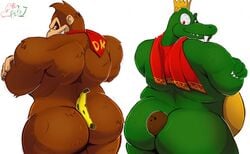 2018 anthro ape ass banana bara big_butt brown_fur bubble_butt cape claws clothing coconut crossed_arms crown donkey_kong donkey_kong_(series) dragonxpyro duo food fruit fur k_rool kremling looking_back male male_only mammal musclegut muscular necktie nintendo primate rear_view reptile scales scalie sharp_teeth simple_background smile teeth video_games