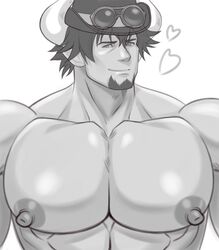 1boy 1male abs bara barawa beefy biceps big_breasts big_nipples big_pecs black_and_white breasts busty dilf draph erect_nipples facial_hair granblue_fantasy hat heart horn huge_breasts huge_pecs humanoid k_sen212 looking_at_viewer male male_chest male_focus male_nipples male_only man_boobs manboobs monochrome muscle muscles muscular muscular_male nipples pecs pectorals smile smiling solo solo_focus standing topless