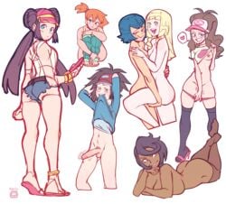 1boy 6girls all_fours areolae ass belly big_ass big_breasts black_eyes blonde_hair blue_eyes blue_hair bottomless bracelet braids breasts brown_hair cleavage clothes dark-skinned_female dark_skin feet game_freak green_eyes hat heart high_heels hilda_(pokemon) holding hug huge_breasts human human_only kasumi_(pokemon) lana_(pokemon) large_breasts leg_grab leg_up leg_warmers lillie_(pokemon) lipstick long_hair looking_at_viewer looking_back mahmapuu multiple_girls nate_(pokemon) navel nintendo nipples nude olivia_(pokemon) panties penis phone pink_lipstick pink_panties pokemon pokemon_bw pokemon_bw2 pokemon_sm ponytail pubic_hair rosa_(pokemon) shirt shirt_lift short_hair shorts sitting sketch smile socks spoken_heart standing tank_top teeth text thighhighs twintails watermark wet white_background wide_hips yuri