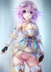 blush detached_sleeves female four_goddesses_online:_cyber_dimension_neptune hair_ornament neptune_(neptunia) neptunia_(series) purple_eyes pussy short_hair skirt smile suterisu uncensored