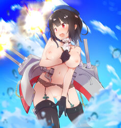 airplane_ornament areolae black_gloves black_hair black_legwear blue_hat blush breasts brooch caburi censored commentary_request cowboy_shot eyebrows_visible_through_hair female garter_belt gloves hat heart heart_censor jewelry kantai_collection medium_breasts navel nipples nude open_mouth outdoors red_eyes short_hair solo standing takao_(kantai_collection) thighhighs turret