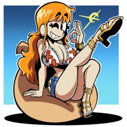 1nsert bikini_top blue_background earrings feet female female_only legs_up nami one_eye_closed one_piece open_toe_shoes orange_hair skimpy skirt