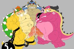 3_toes animal_genitalia anthro arms_bound belly big_belly blue_scales blush bowser bracelet chains cloaca closed_eyes crossed_arms cum cumshot dark_bowser ejaculation erection frottage grey_background group group_sex hair horn japanese_text jewelry koopa legs_bound male male_only mammal mario_(series) mario_and_luigi_(series) midbus muscular muscular_male nintendo nude orgasm orgasm_face panting penis pink_nose pink_penis pink_skin porcine precum red_eyes red_hair sakha scales scalie sex shell simple_background smile spikes standing sweat tears text threesome toes tusks video_games weights yaoi yellow_scales