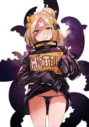 abigail_williams_(fate/grand_order) bandaid_on_forehead bangs black_bow black_jacket black_panties blonde_hair blue_eyes bow buckle cardboard commentary_request english eyebrows_visible_through_hair fate/grand_order fate_(series) female gluteal_fold grin groin hair_bun hairbow half-closed_eyes head_tilt heart holding holding_sign jacket jacket_lift long_hair long_sleeves looking_at_viewer lowleg lowleg_panties naughty_face orange_bow panties parted_bangs polka_dot polka_dot_bow pussy_juice shade sharp_teeth shiny shiny_hair shiny_skin sign simple_background sleeves_past_fingers sleeves_past_wrists smile smirk solo space standing star_(sky) sweat teeth underwear wakamesan white_background