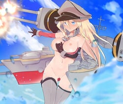 bare_shoulders bismarck_(kantai_collection) black_gloves blonde_hair blue_eyes blue_sky blush caburi caburi_aki closed_mouth cloud cloudy_sky day elbow_gloves eyebrows_visible_through_hair female female gloves gluteal_fold hair_between_eyes hat kantai_collection long_hair machinery navel nipples outdoors pussy sky solo tears thighhighs uncensored v-shaped_eyebrows weapon